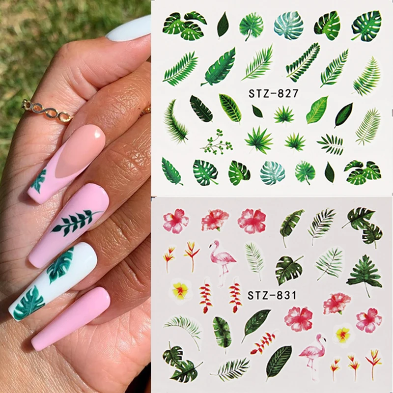 

3D Summer Nail Art Stickers Flower Green Leaf Butterfly Water Adhesive Transfer Decals Wraps Nail Decorations Manicure Sliders