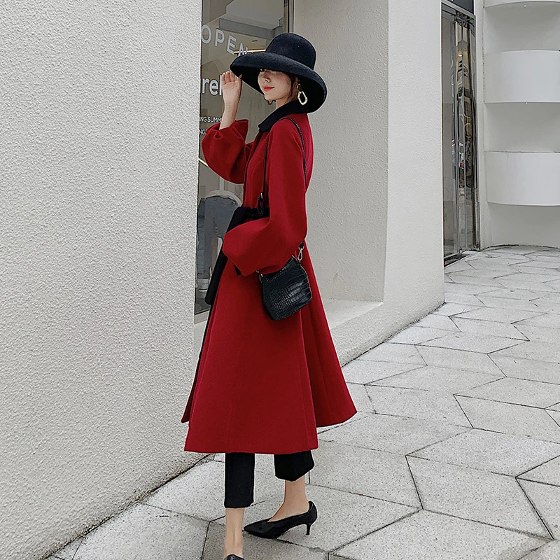 Женское длинное шерстяное пальто в стиле Хепберн красное ТРАПЕЦИЕВИДНОЕ