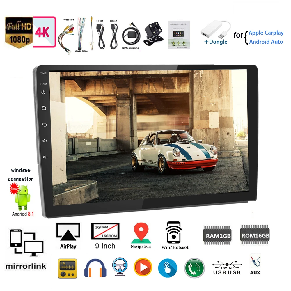 Автомагнитола 9 дюймов 2 Din GPS Android + Автомобильный ключ Carplay Mirror Link Siri сенсорный