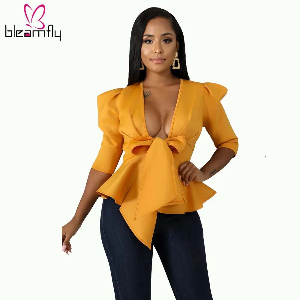 2019 женские осенние пышные вечерние блузки с рукавом средней длины и v образным