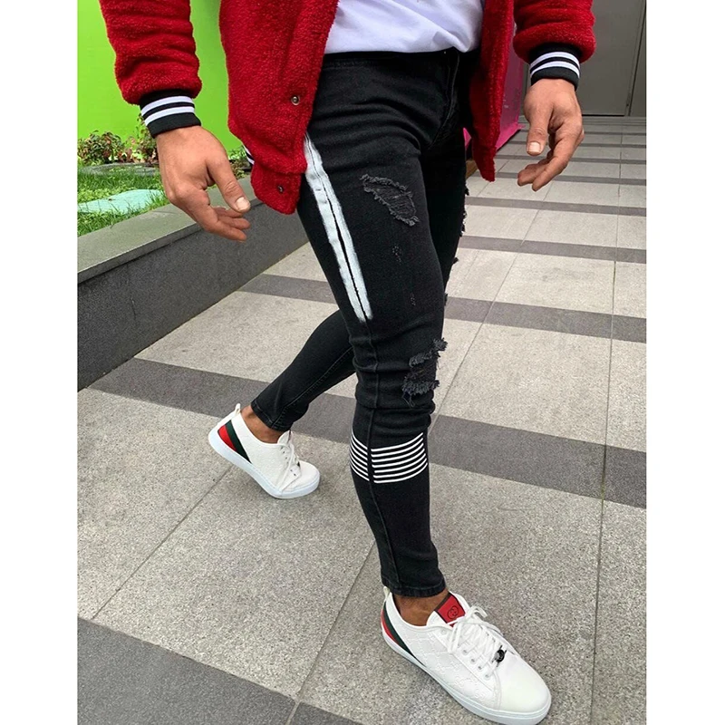 

2021 Streetwear Jogging Denim Costume Men's Skinny Ripped Jeans Slim Moto Skinny Pencil Pants Side Stripe Printing Jean S - 3XL
