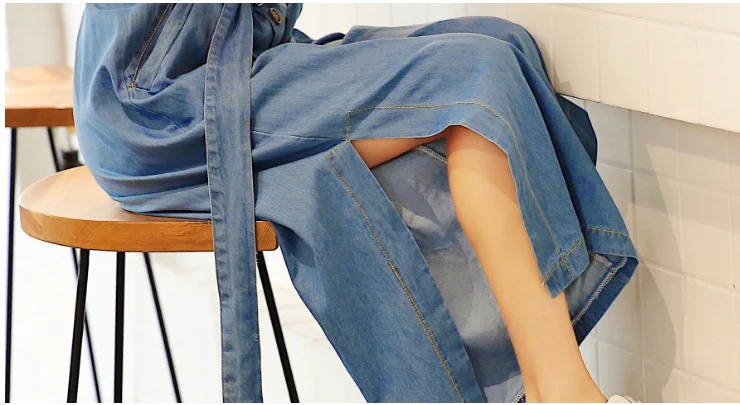 

High Quality Womens Sleeveless Suspender Denim Jumpsuits Summer Pockets Sashes Side Split Female Straight Wide Leg Pants L412