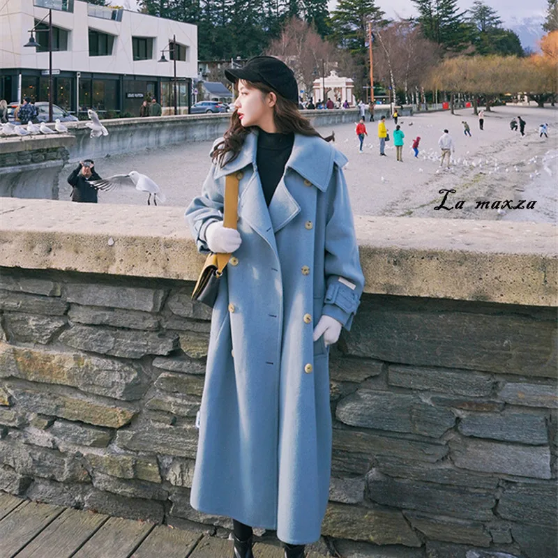 

2021 Women Wool Coat Fashion Elegant Double Breasted Belt Thick Long Coat