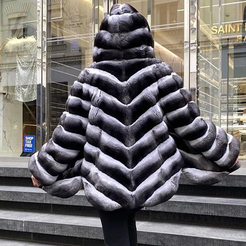 Fashion Women Rex Rabbit Fur Jacket with Hood High Street Medium Length Women Full Pelt Genuine Rex Rabbit Fur Coats Outwear enlarge