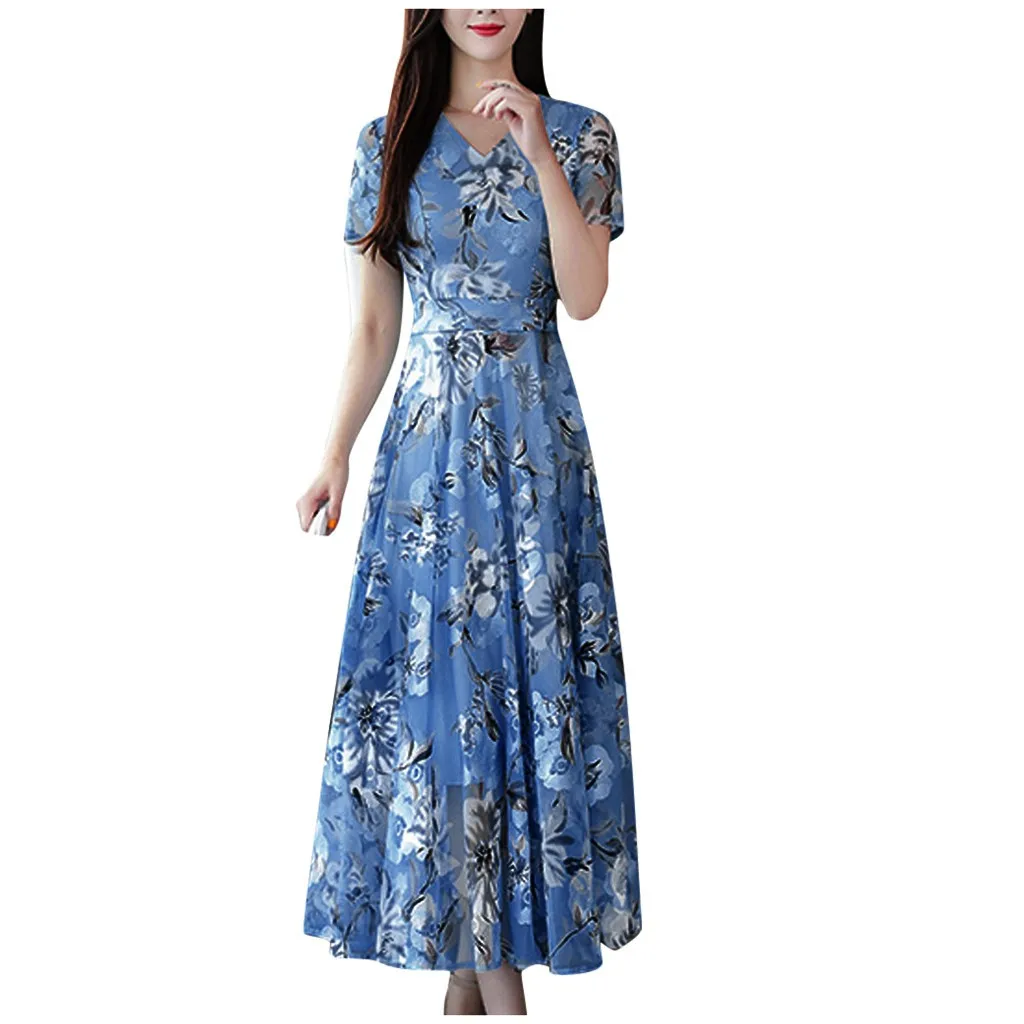 

Sleeve Short Women Fashion Knee Printing O-Neck Length Dress Summer Women's Dress Dresses