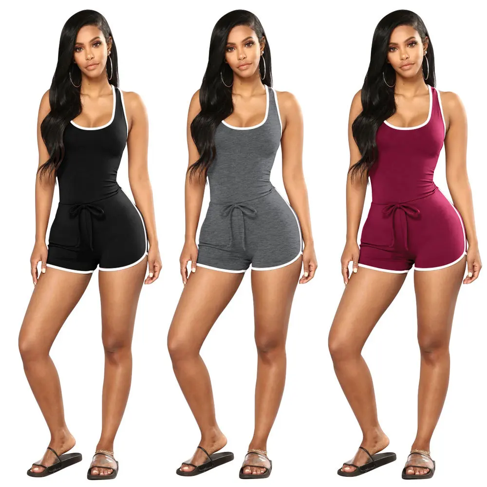 

Solid color jumpsuit vest i-back sports casual jumpsuit shorts summer health club sexy lace-up women's morning run jumpsuit