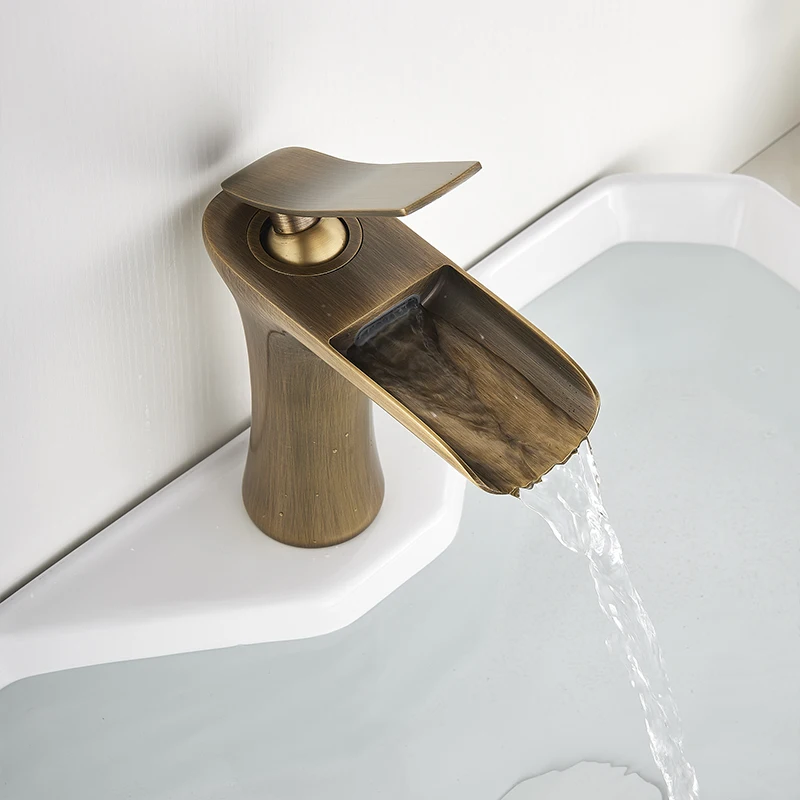 Смеситель для раковины Suguword с водопадом в ванной комнате, античной латунью, на пьедестале, для горячей и холодной воды, короткий и высокий тип.