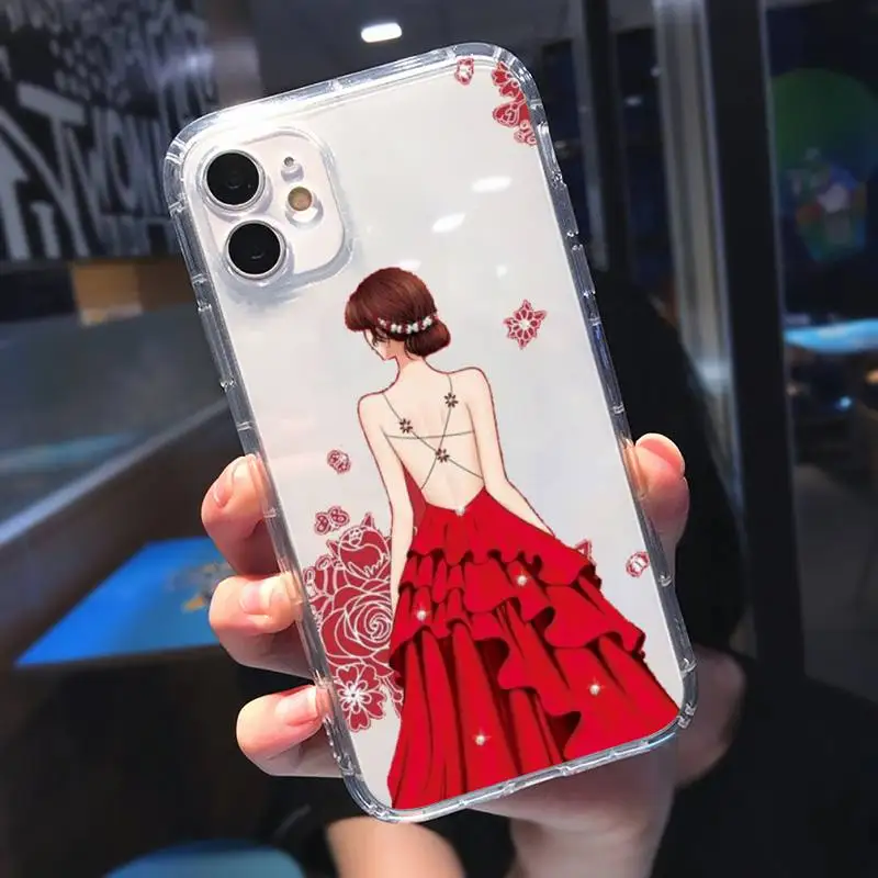 

Fashion red dress girl marry couple Phone Case Transparent for Clear iPhone 11 12 mini pro 8 7 6 6S XS MAX Plus X 5S SE 2020 XR