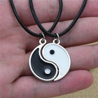 2pcs fashion yin and yang tai chi stitching alloy black white best friends couple leather pendant necklace jewelry accessories