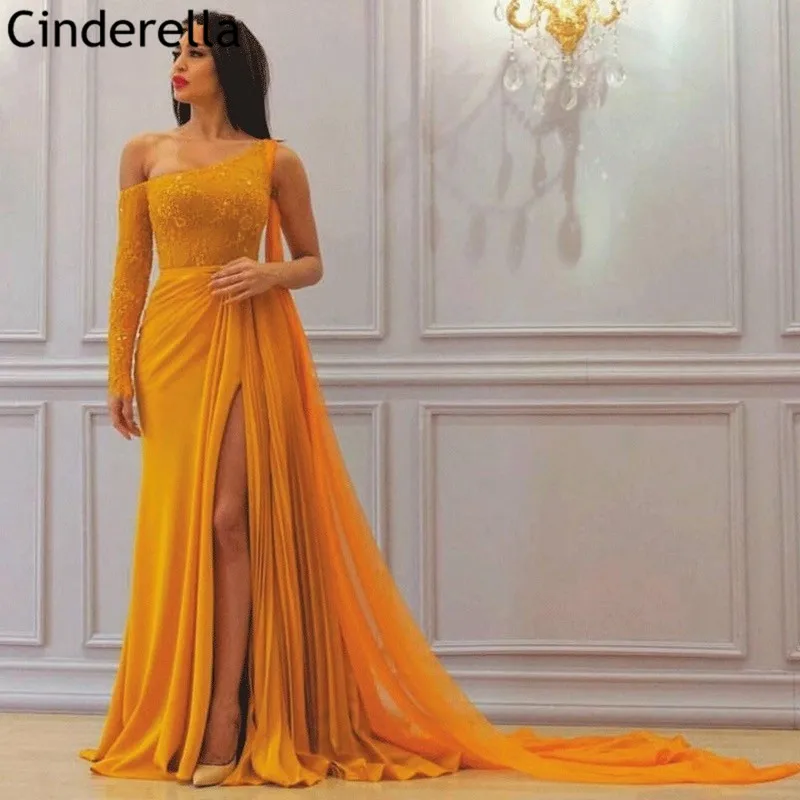 

Elegant Yellow One Shoulder Sweep Train A-Line Lace Crystal Chiffon Prom Dresses Chiffon Party Gowns vestidos de fiesta de noche