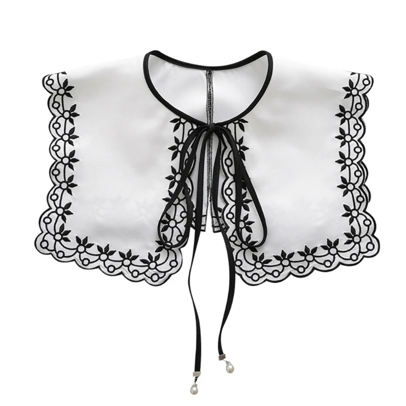 

Women Girls Detachable False Fake Collar Sweet Floral Embroidery Scalloped Trim Necklace Shawl Ribbon Bowknot Mini Cape
