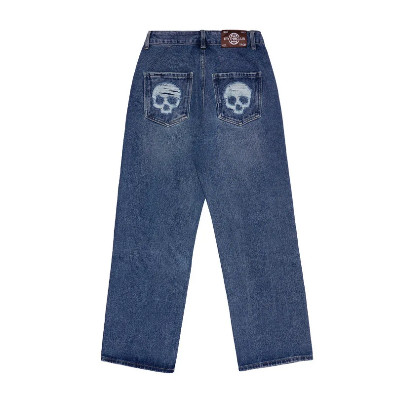 2021 New Arrival Cross Skull Embroidery Hole Ripped Men Vintage Jeans Trousers Hip Hop Oversize Straight Women Denim Wide Pants