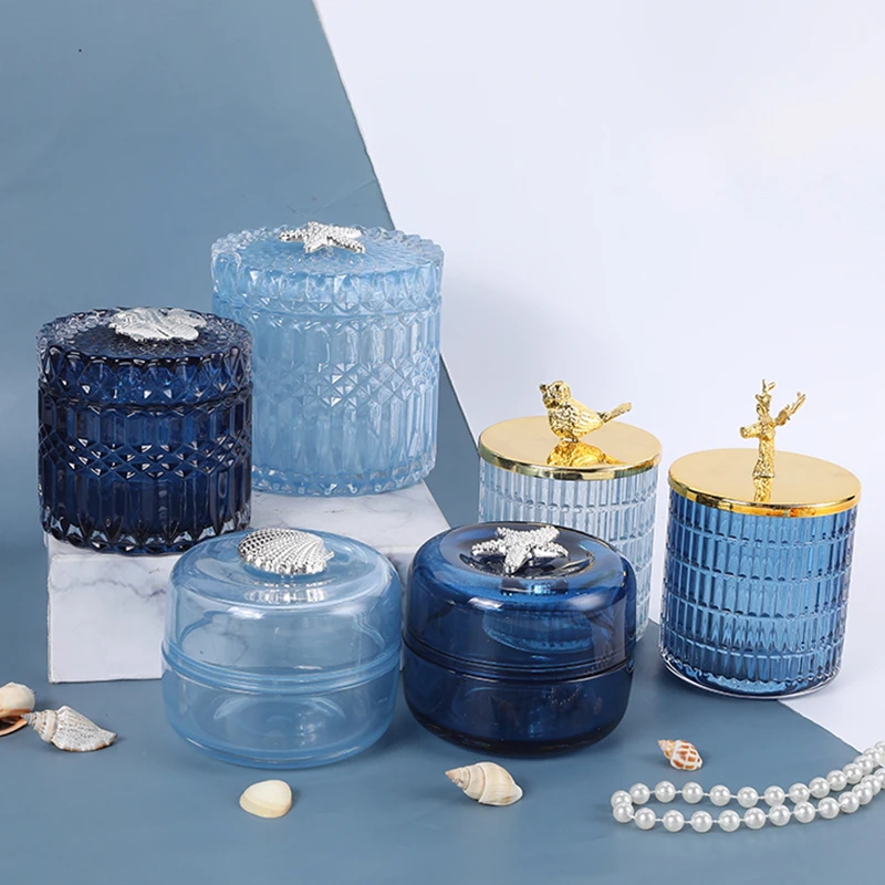 

Blue Glass Storage Jar Three-dimensional Embossed Candy Jar Desktop Jewelry Cosmetic Storage Box Aromatherapy Candle Bottle Gift