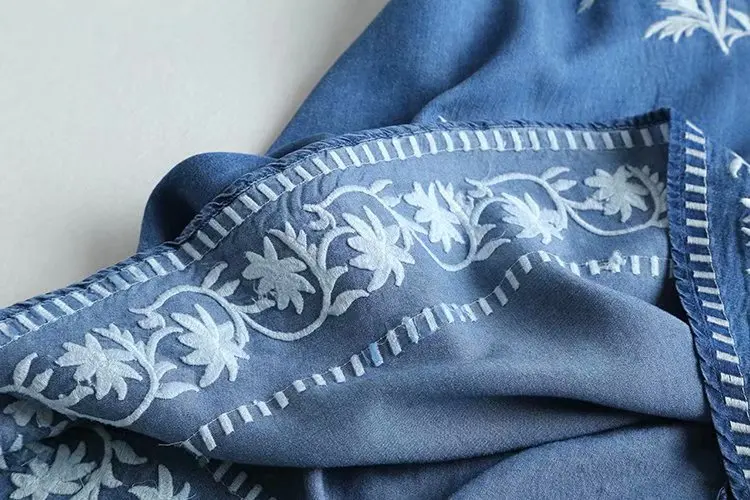 Летнее джинсовое платье с вышивкой женские мягкие джинсовые платья круглым