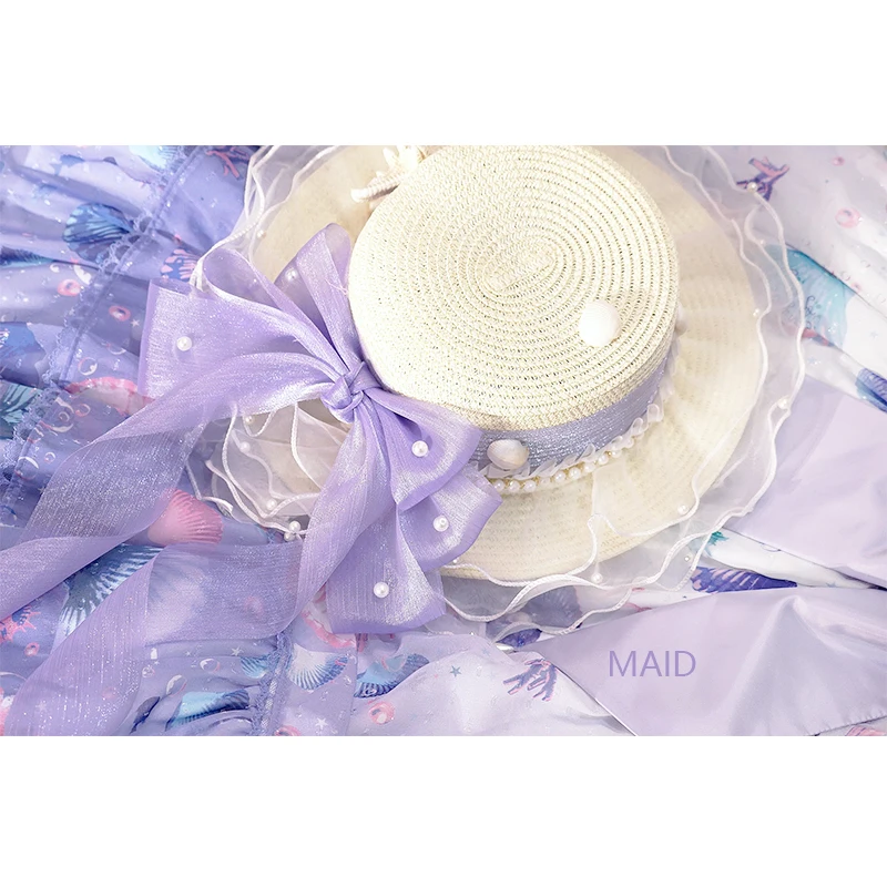 

Multicolor Handmade Shell Lolita Straw Hat Lace Bow Big Brim Sun-Proof Flat-Top Cap