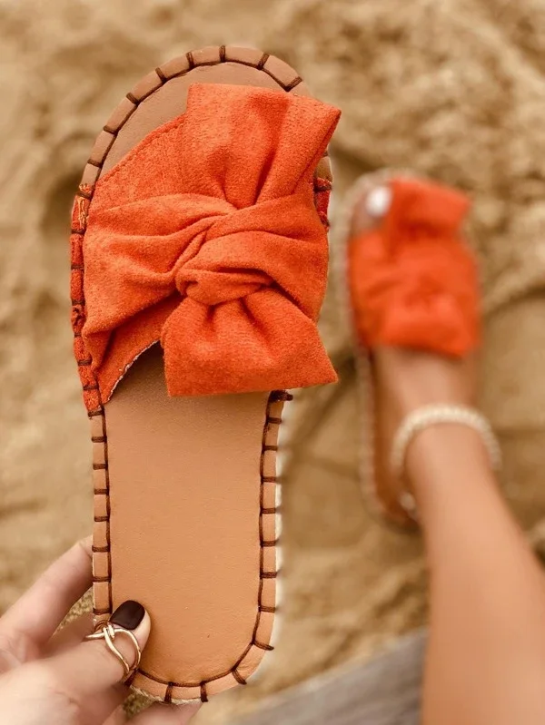 

Women's orange suede bow decoration Pu mat flat heel anti slip comfortable sweet fashion casual sandals and slippers YX272