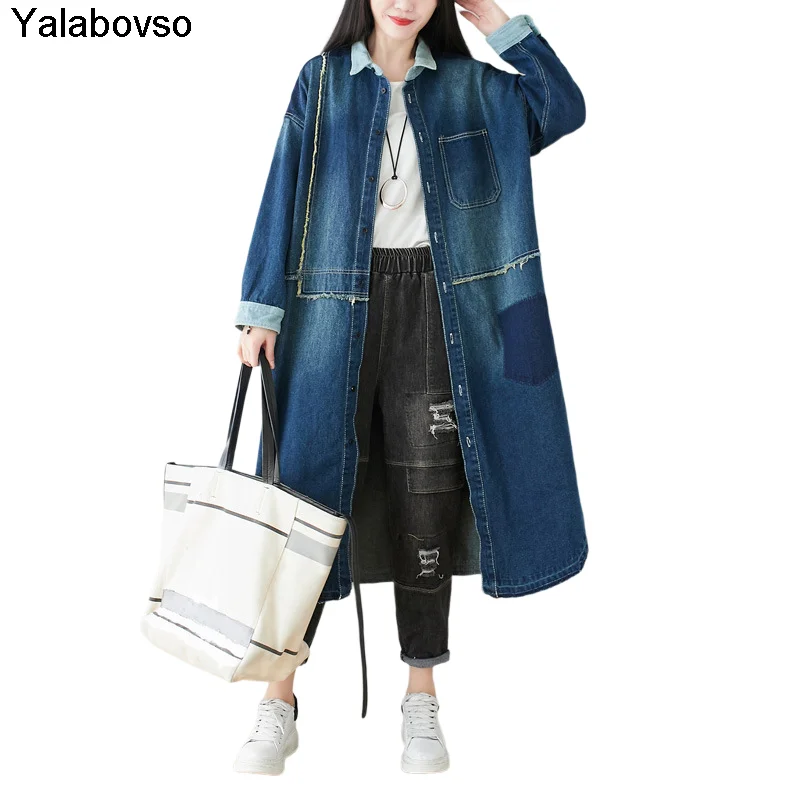 

Autumn Washed Long Denim Shirt Large Loose Korean Windbreaker Chaqueta Mujer Jeans Jacket Retro Vintage Yalabovso