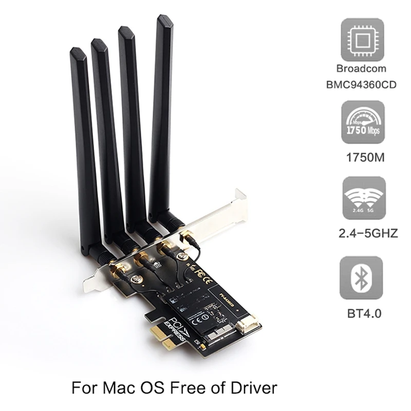 

Dual Band 802.11Ac Native AirPort Bcm4360 WiFi + Bluetooth BT 4.0 BCM94360CD Wireless Mac OS + PC/Hackintosh Adapter