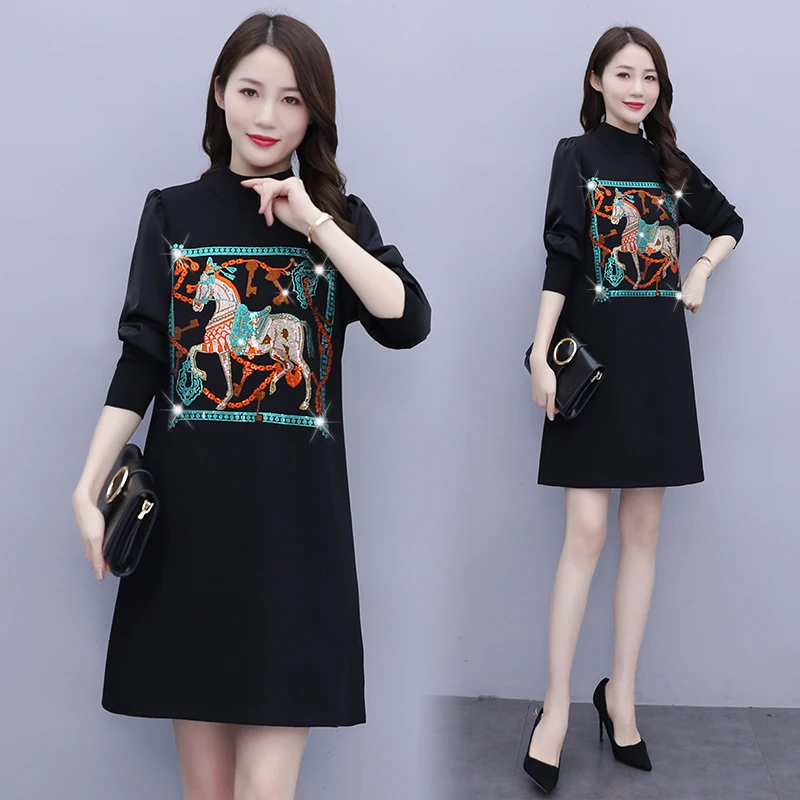 

Женское платье-футболка с длинным рукавом, Черное Осеннее модное свободное приталенное Повседневное платье со стразами с горячей фиксацие...