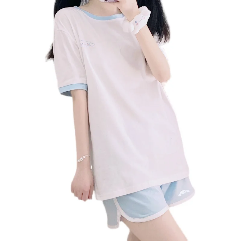 

Loose 2 Piece Set Women Summer Cute Dog Print Cotton Short Sleeve T Shirt Student Tops Elastic Waist Shorts Women Suit Outfits