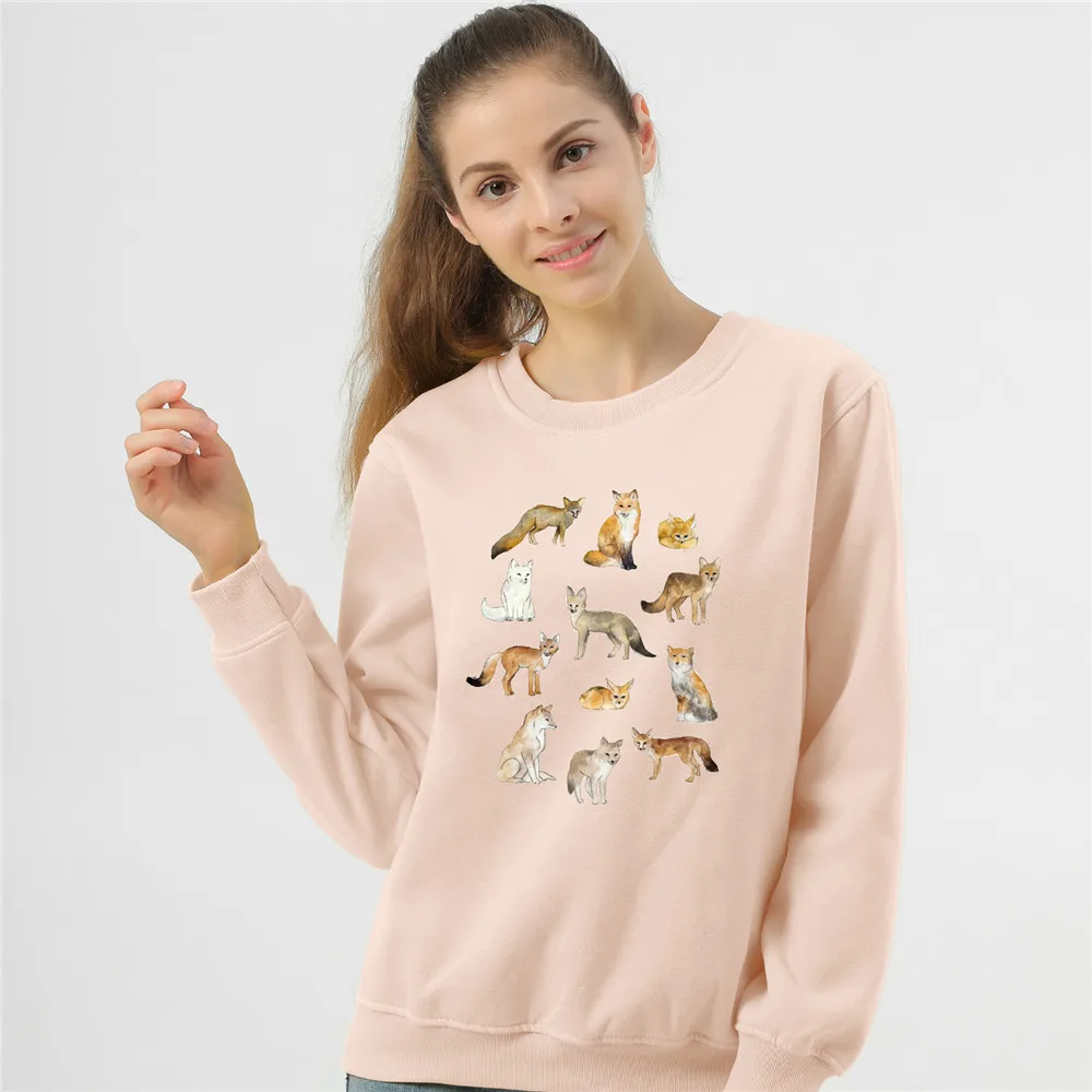 Women Sweetshirts Autumn Velvet Cute Tops for Teen Girls Aesthetic Sweatshirt Crewneck Pullover Hoodie Cute Cartoon Print Foxes