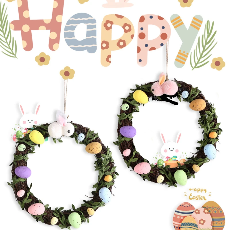 

HAPPY EASTER Artificial Wreath Garland Rattan Frame DIY Easter Decoration Natural Rattan Wreath For Easter Egg Wedding DIY Decor