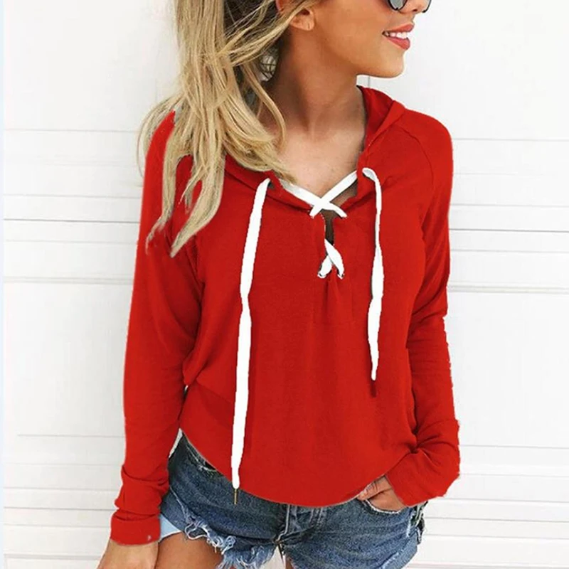 

Lace-Up Sweatshirts for Women Casual Tops and Pullovers 2020 Spring Autumn Clothing Long Sleeve Plus Size Hooded Sweatshirts