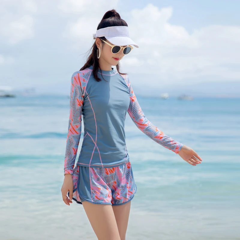 

Women Tankini Shorts Female Swimsuit Sports Swimwear Two Pieces Bathing Suits Long Sleeve Surfing Patchwork Padded Beachwear