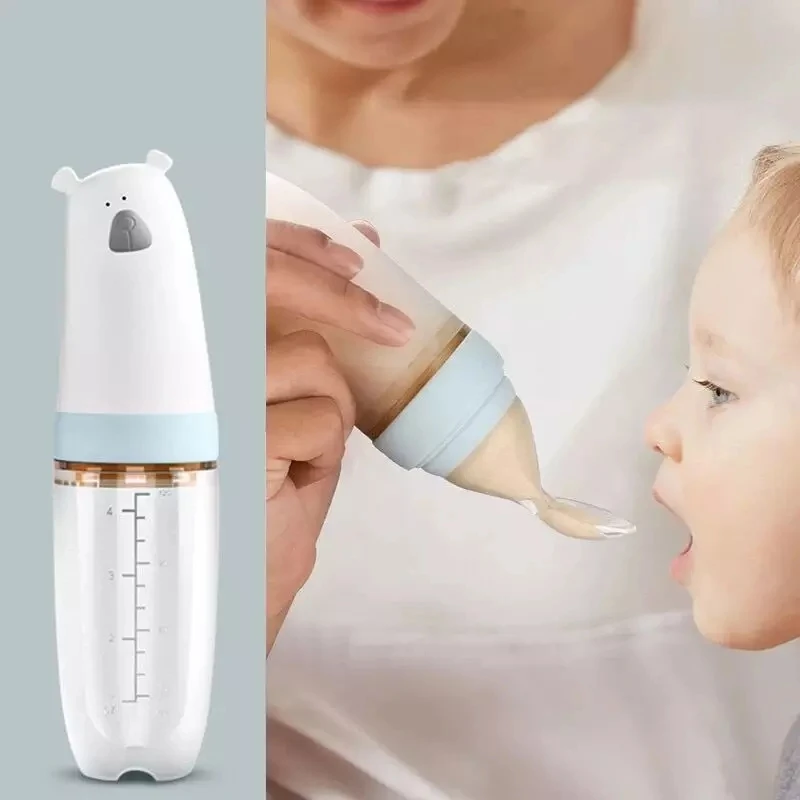 

Parabebe bear baby bottle spoon silicone squeeze feeding spoon cute infant food feed milk water bottle feeder baby food spoon