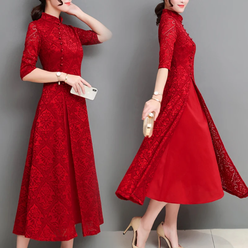 Новинка осени 2018 винтажное женское платье китайский стиль Ретро кружево Cheongsam