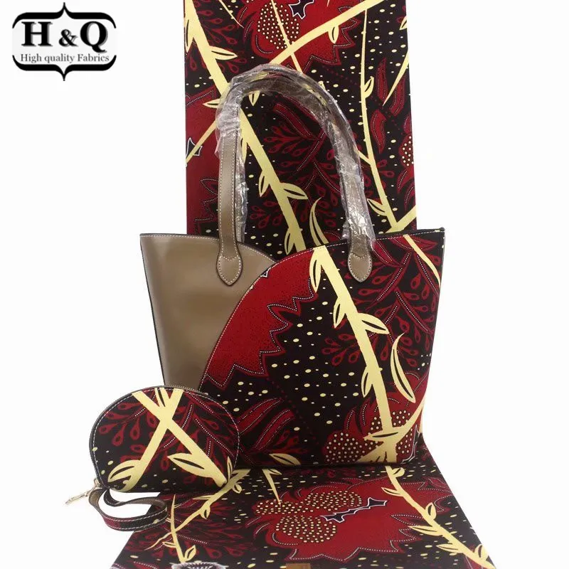 

H&Q fashion african wax bags three-piece high quality 6 yards/lot real print wax fabric match big handbag and small wallet H0118