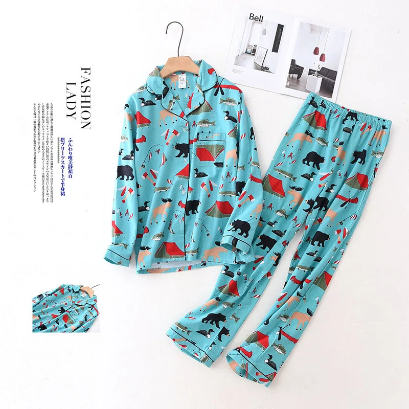 

100% Cotton Pyjamas Women Pajamas Set Autumn Brushed Winter Warm Print Cartoon Sleepwear Female Pijamas Long Sleeve Home Clothes