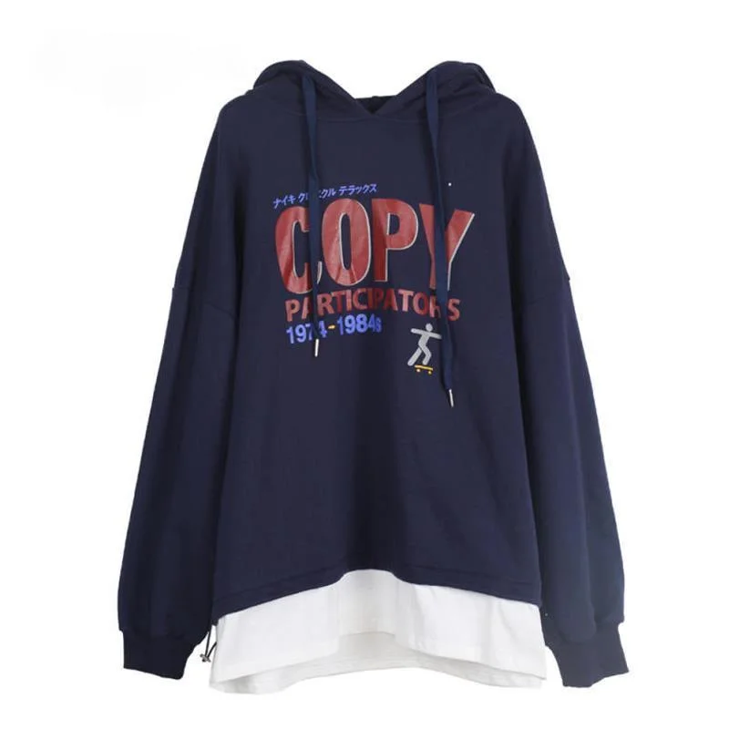 

AQOIA Autumn Harajuku Letter Printing Loose Women Hoodies Thin Sweatshirt Fake Two Pieces 2020 Korean Style Oversize Sweatshirt