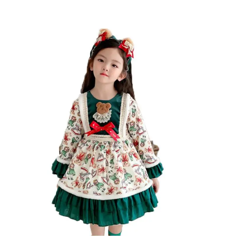 

Baby Girl Spain Style Lace Bow Dress Infant Lolita Princess Ball Gown Toddler Girls Bear Pattern Dresses Kids Christmas Vestidos