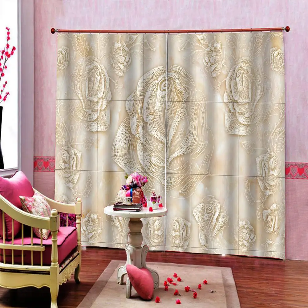 Роскошная 3D занавеска с розой Затемняющая для окна гостиной бежевая | Дом и сад