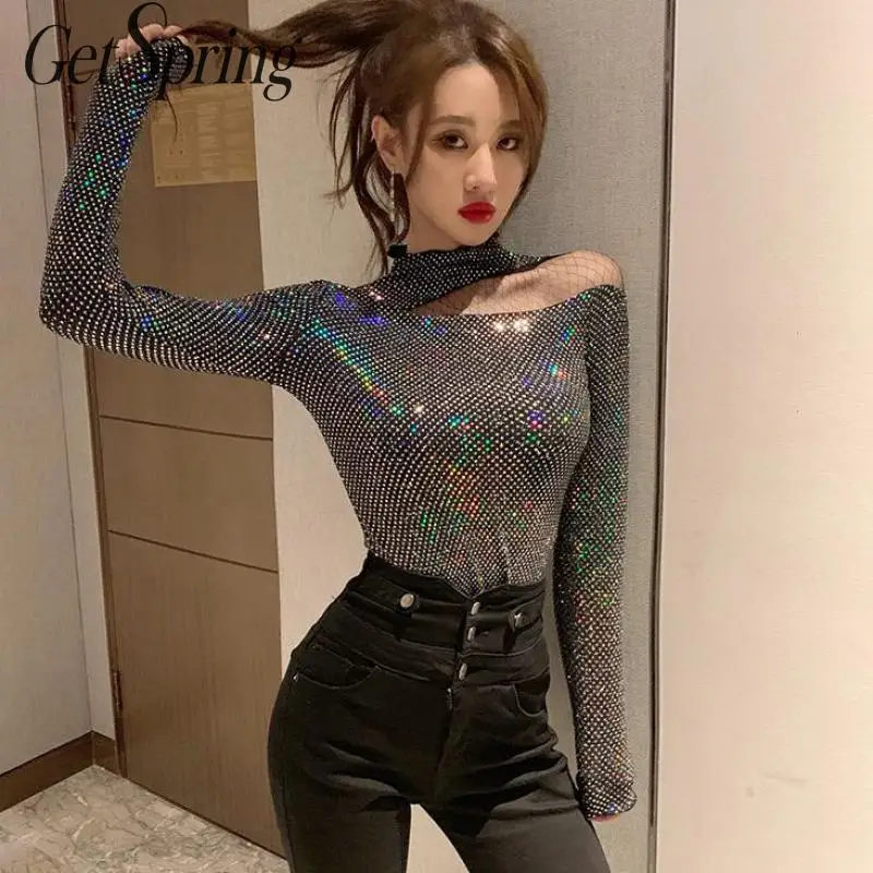 Getвесенняя Женская открытая Алмазная сетка из кусков Сексуальная футболка с