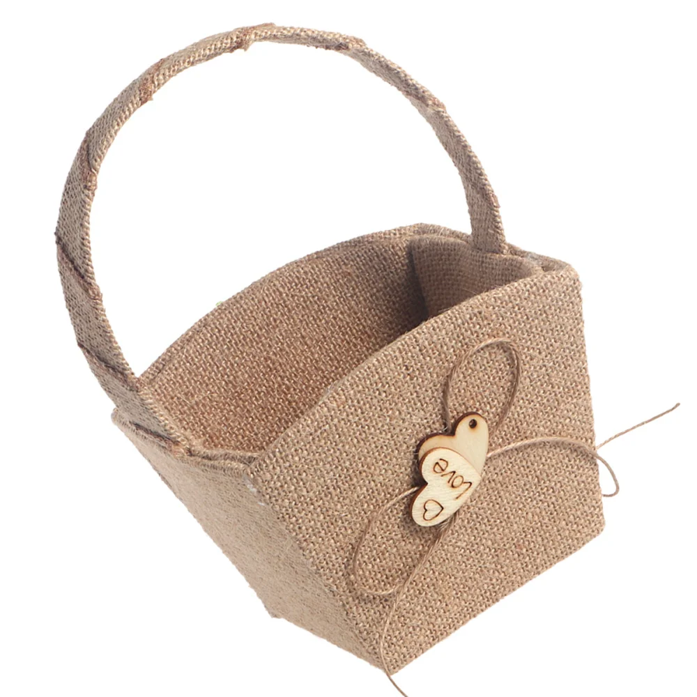 

Vintage Wedding Burlap Hessian Flower Girl Basket Wooden Heart
