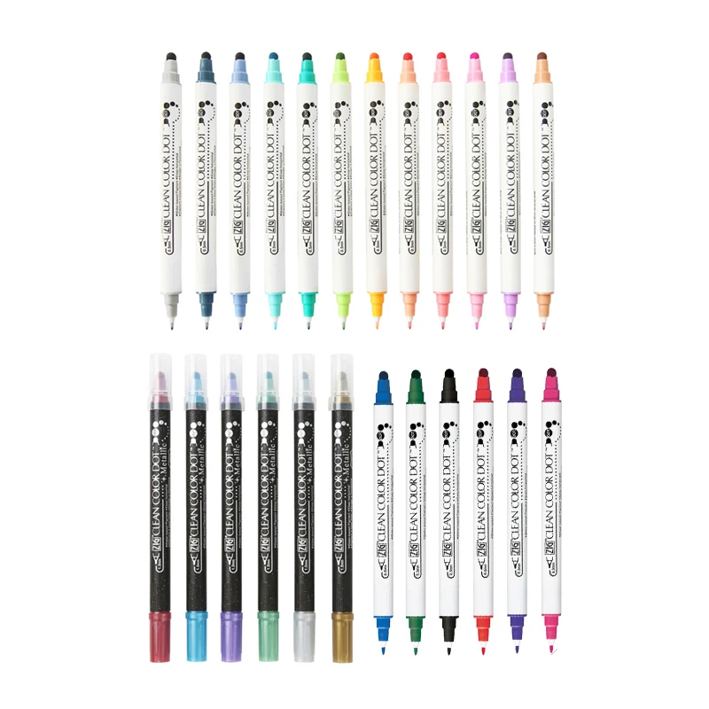 24pcs Japan Zig KURETAKE CLEAN COLOR DOT Double Tip Dot Waterproof Watercolor Pen Journal Brush Pen Marker Painting Supplies