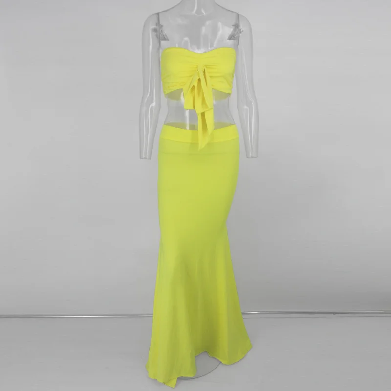 Dressmecb, элегантный комплект из двух предметов, с бантом, без бретелек, укороченный топ и макси юбки, бодикон, сексуальный комплект из 2 предметов, Womne, летняя одежда