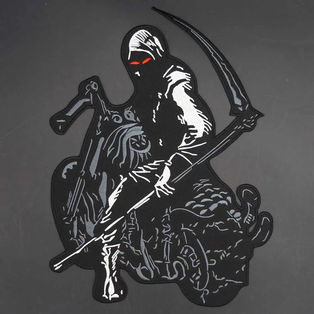 Large Death Sickle Embroidered Sewing Label Punk Biker Patches Clothes Stickers Apparel Accessories Badge