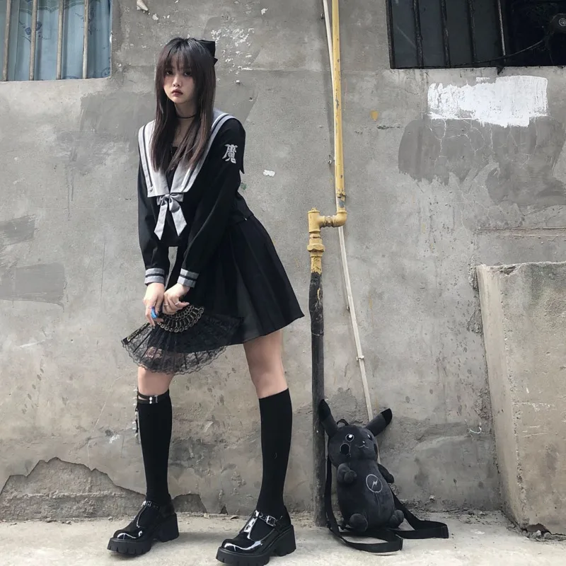 Женская юбка в японском стиле преппи рубашка с бантом трапециевидная темный