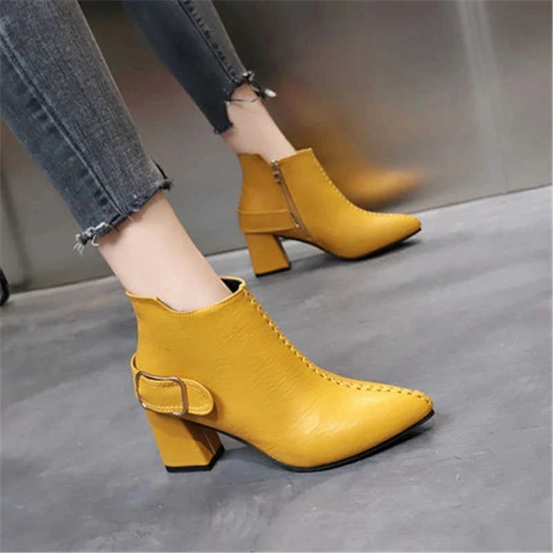 

New Spring Ankle Boots For Women Pu Leather Square Heel 7cm High Heel Jelly Shoes Woman Fashion Zipper Boots Female Yellow Black