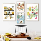 Настенная декоративная Картина на холсте для кухни, чашки тарелки, чаши, кофейное растение, десерт, иллюстрация, плакат, принты