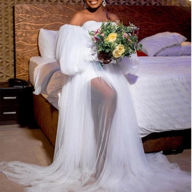 

YiMinpwp White Bride Robes for Wedding Off Shoulder Long Puff Sleeve A Line Illusion Bodice Tulle Bride to be Reception Dress