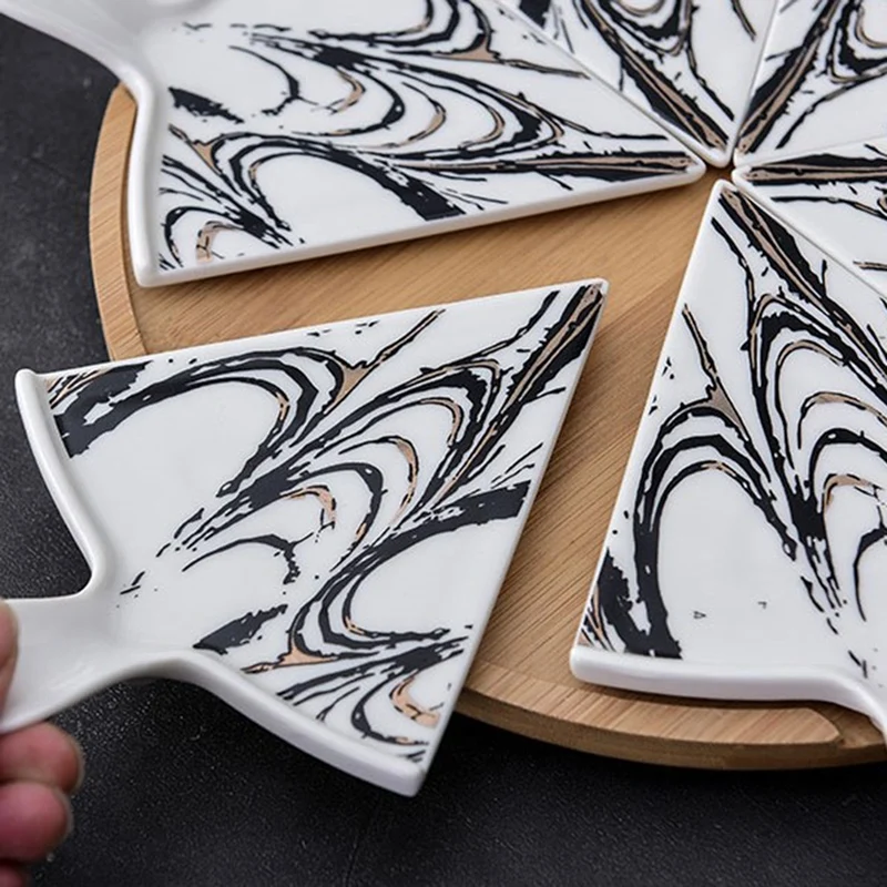 

6 PCS Luxury Ceramic Pizza Tray with Rotating Base Household Round Cake Dessert Flat Plate Hotel Tableware