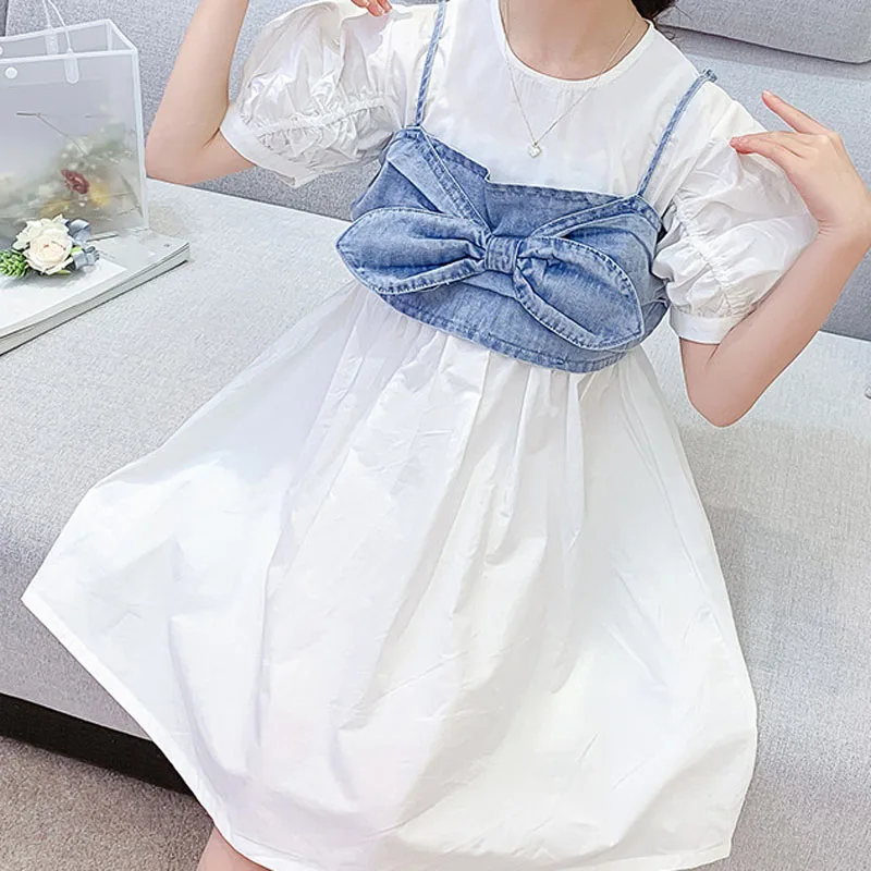 Летнее платье для девочек 2021 модный новый стиль джинсовые жилеты с бантом