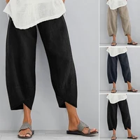 women casual harem pants solid color cotton linen wide leg trousers summer elastic waist plus size loose comfortable trousers