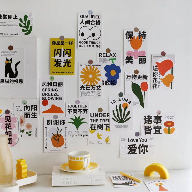 

Ins Written Words Flower Plant comics Decorative Pictures​ kawaii room Decor poster Card Postcard Diy Wall Sticker 15 Sheets