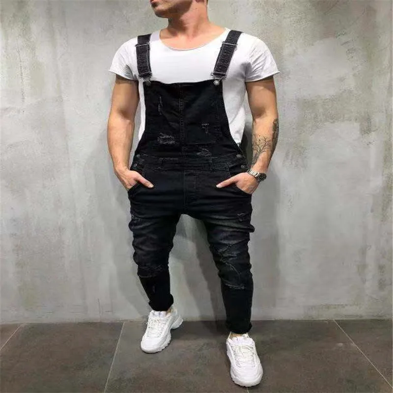 Men's Pants Large Size Overalls With Holes Micro-Elastic Blue And Black Fit Casual Fashion Fit Tight Midwaist Jeans