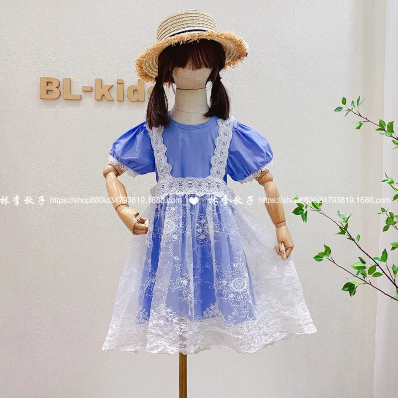 

Детская одежда 2021, летнее милое кружевное Сетчатое платье для девочек с короткими рукавами и пузырьками, длинное кружевное газовое платье н...